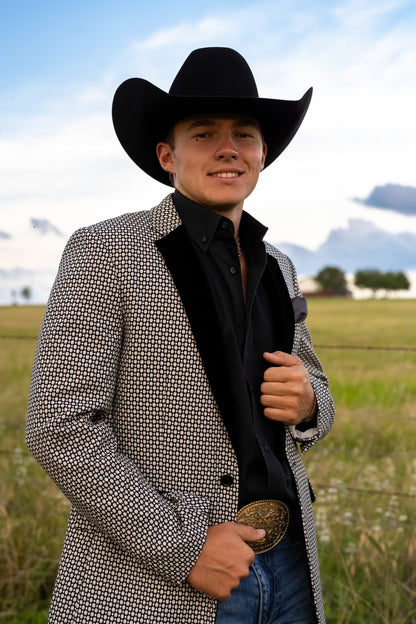 Cowboy groom wearing Black and White Velvet Lapel Sport Coat for Western wedding attire