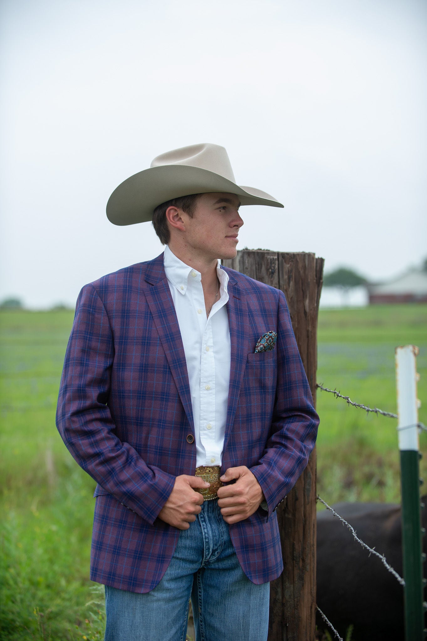 Dark purple plaid Western jacket with coordinating pocket square detail