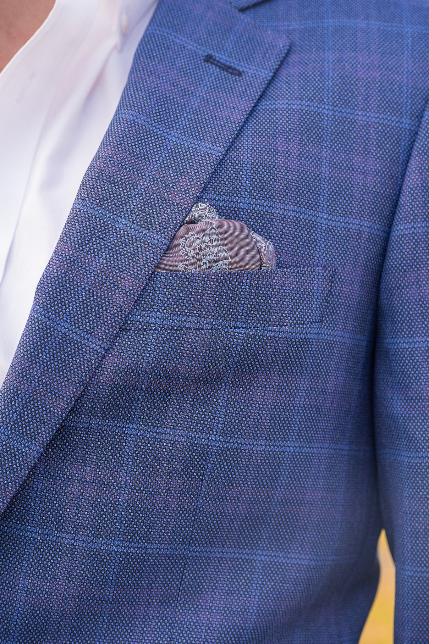 Close-up of pocket square on Ranch Blue with Pink Plaid Cowboy Sport Coat