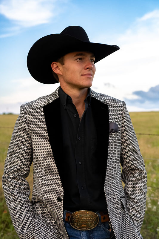 Black and White Velvet Lapel Cowboy Sport Coat front view in tailored Western fit