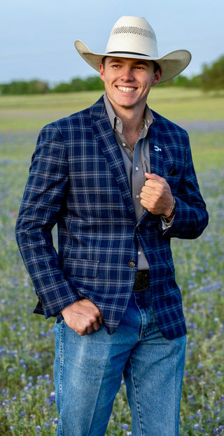Dark Blue Double Plaid Modern Fit Summer Sport Coat