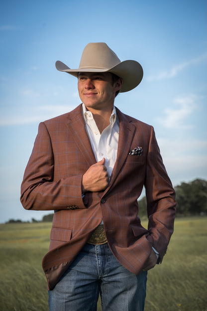 Rust Terracotta Windowpane Cowboy Sport Coat – Classic Fit Western Warmth