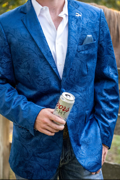 Western formalwear from Espuela Design Co. — royal blue paisley sport coat with pocket square.