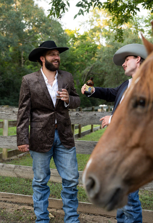 Classic Fit western sport coat in brown etched paisley pattern, handcrafted by Espuela Design Co. for authentic cowboy style.