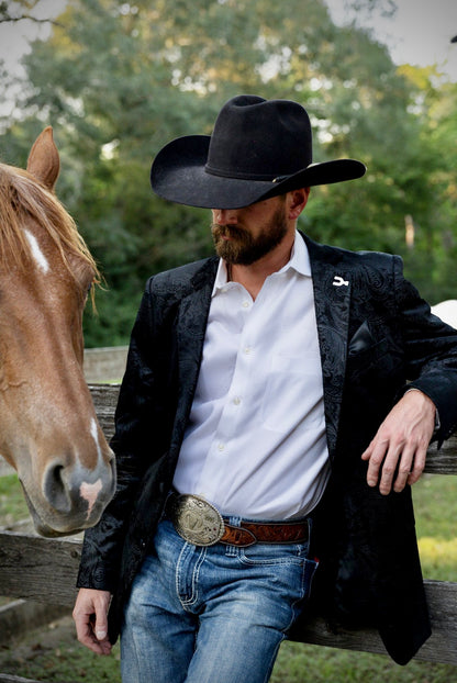 Espuela Design Co. Black Etched Paisley Cowboy Sport Coat — luxury Texas-designed western jacket with long arms.