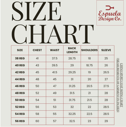 Size chart for clothing with measurements in inches, branded by Espuela Design Co.
