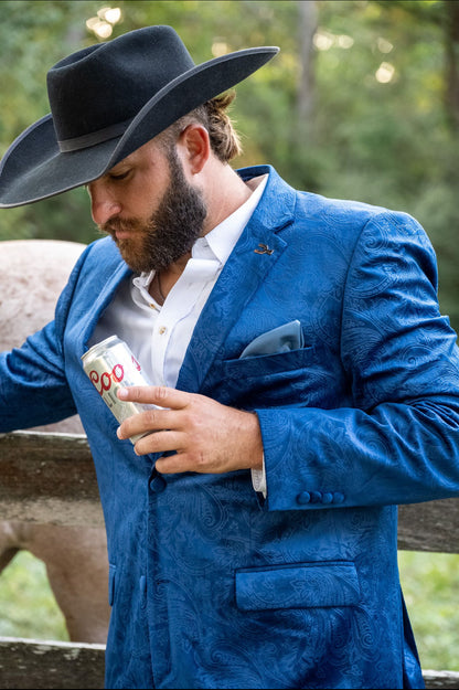 Close-up of etched paisley detailing on royal blue cowboy sport coat, luxury western style by Espuela Design Co.