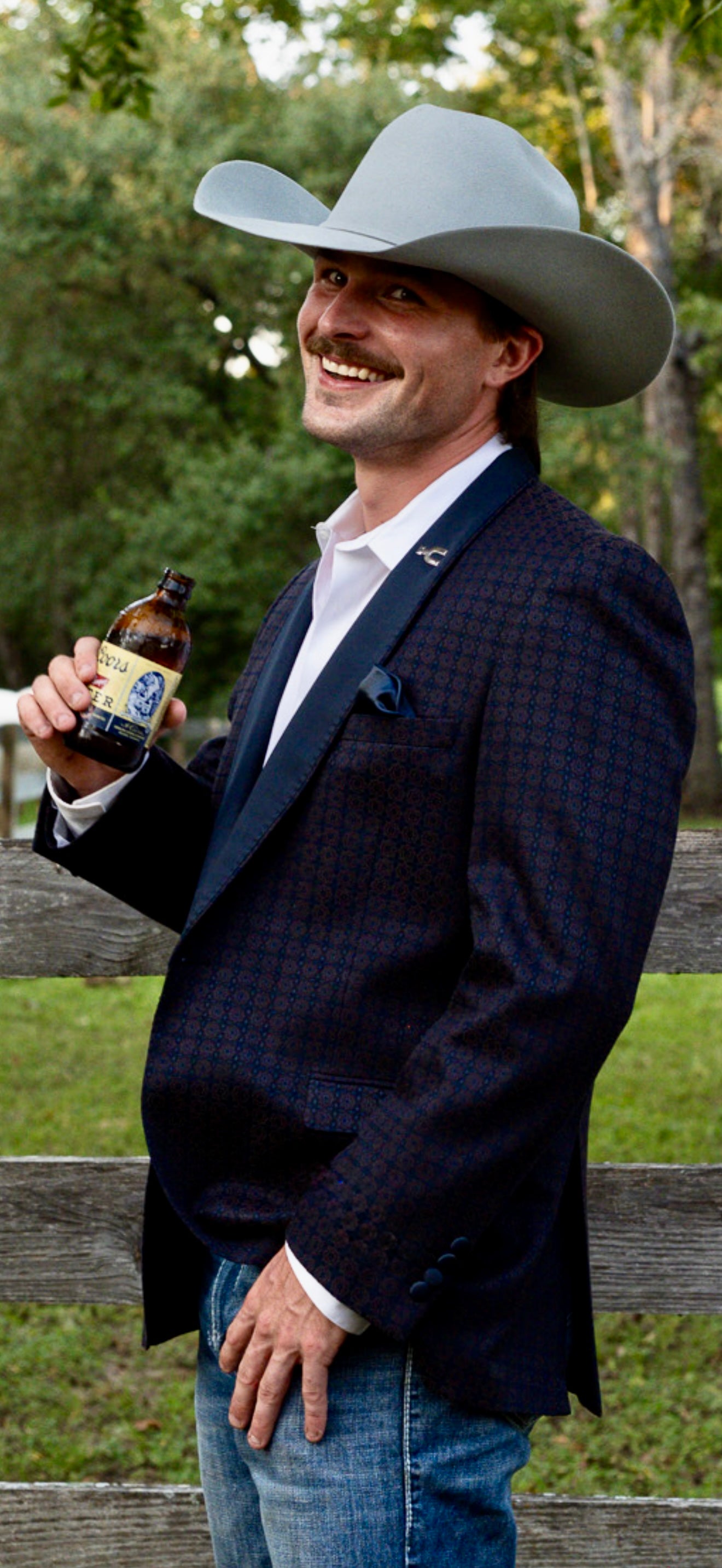 Espuela Design Co. luxury western smoking jacket — navy and plum Hugh Heff design.