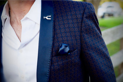Tailored athletic fit Hugh Heff Cowboy Smoking Jacket with silk lining and magnetic lapel pin.
