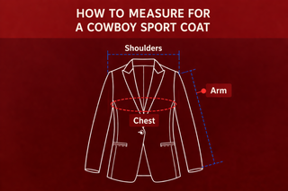 Diagram showing how to measure for a cowboy sport coat on a red background