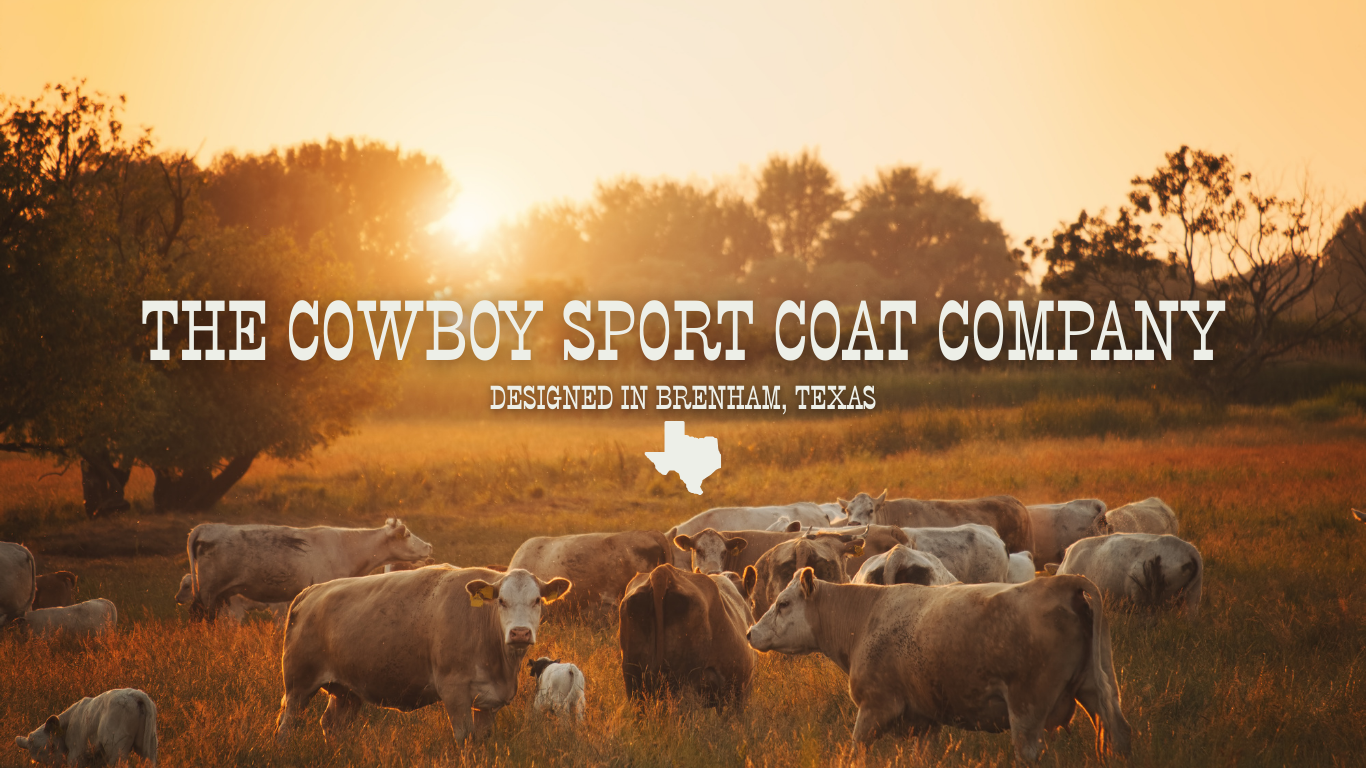 Cattle grazing in a pasture with text overlay reading The Cowboy Sport Coat Company located in Brenham, Texas
