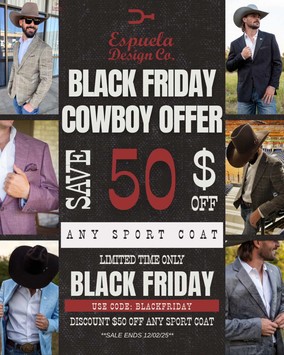 Black Friday cowboy offer advertisement with collage of men in suits and hats. Holiday savings with western sport coats for men, save $50.