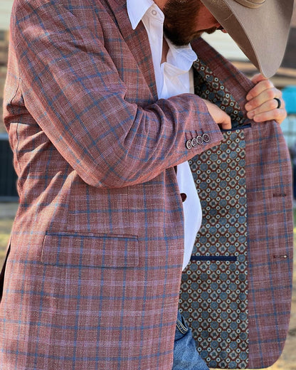 Brick Red Western Suit Jacket with blue windowpane plaid in classic cowboy fit
